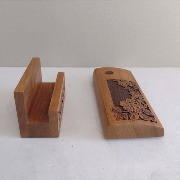 Vintage Laser Craft Engraved Walnut Envelope Card Pen Desk Holder Tree Floral - Picture 4 of 11